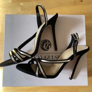 Olcay Gulsen Black and Gold Strappy Heels Sandals, Size 40